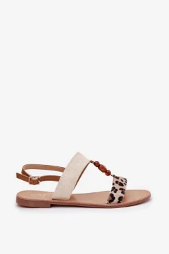 Sale Płaskie Sandały Damskie Z Koralikami Panterka Beżowe Virona Damskie Sandały Płaskie