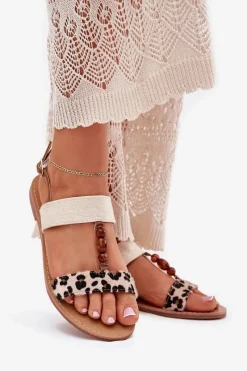 Sale Płaskie Sandały Damskie Z Koralikami Panterka Beżowe Virona Damskie Sandały Płaskie