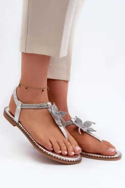 Sandały Płaskie>Evento Płaskie Sandały Damskie Z Ozdobnym Kwiatkiem Srebrne Edoni Srebrny