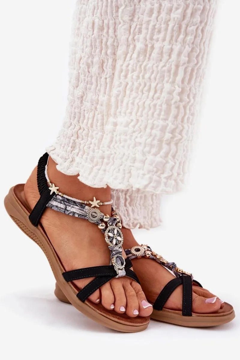 Hot Płaskie Sandały Damskie Z Ozdobami 54C1334 Czarne Damskie Sandały Płaskie