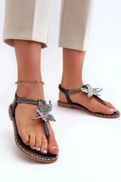 Discount Evento Płaskie Sandały Damskie Z Ozdobnym Kwiatkiem Czarne Edoni Czarny