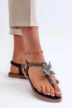 Discount Evento Płaskie Sandały Damskie Z Ozdobnym Kwiatkiem Czarne Edoni Czarny