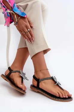 Discount Evento Płaskie Sandały Damskie Z Ozdobnym Kwiatkiem Czarne Edoni Czarny