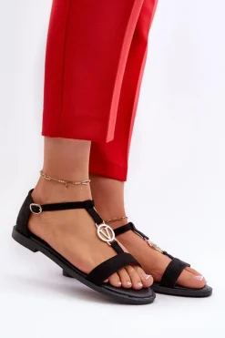 Sale Płaskie Sandały Damskie Ze Złotą Ozdobą Vinceza 17321 Czarne Damskie Sandały Płaskie