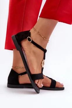 Sale Płaskie Sandały Damskie Ze Złotą Ozdobą Vinceza 17321 Czarne Damskie Sandały Płaskie