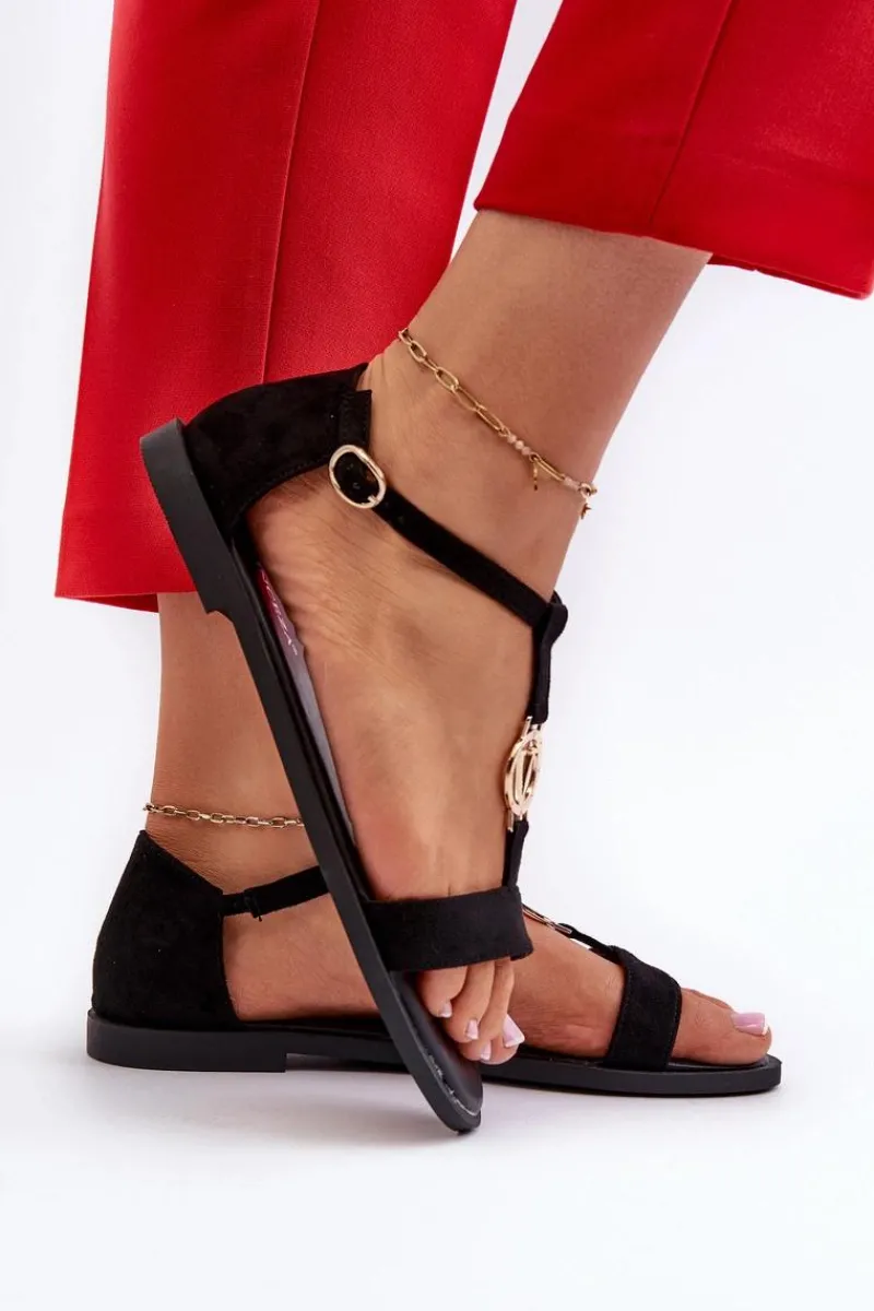 Sale Płaskie Sandały Damskie Ze Złotą Ozdobą Vinceza 17321 Czarne Damskie Sandały Płaskie