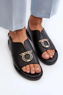 Sandały Płaskie></noscript>Buty damskie Vinceza Płaskie Sandały Damskie Ze Złotą Ozdobą Vinceza 17319 Czarne