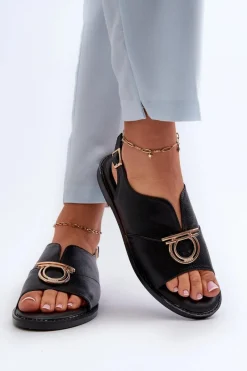 Sandały Płaskie></noscript>Buty damskie Vinceza Płaskie Sandały Damskie Ze Złotą Ozdobą Vinceza 17319 Czarne