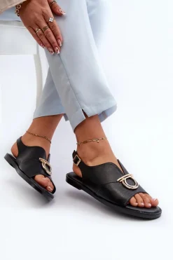 Sandały Płaskie></noscript>Buty damskie Vinceza Płaskie Sandały Damskie Ze Złotą Ozdobą Vinceza 17319 Czarne