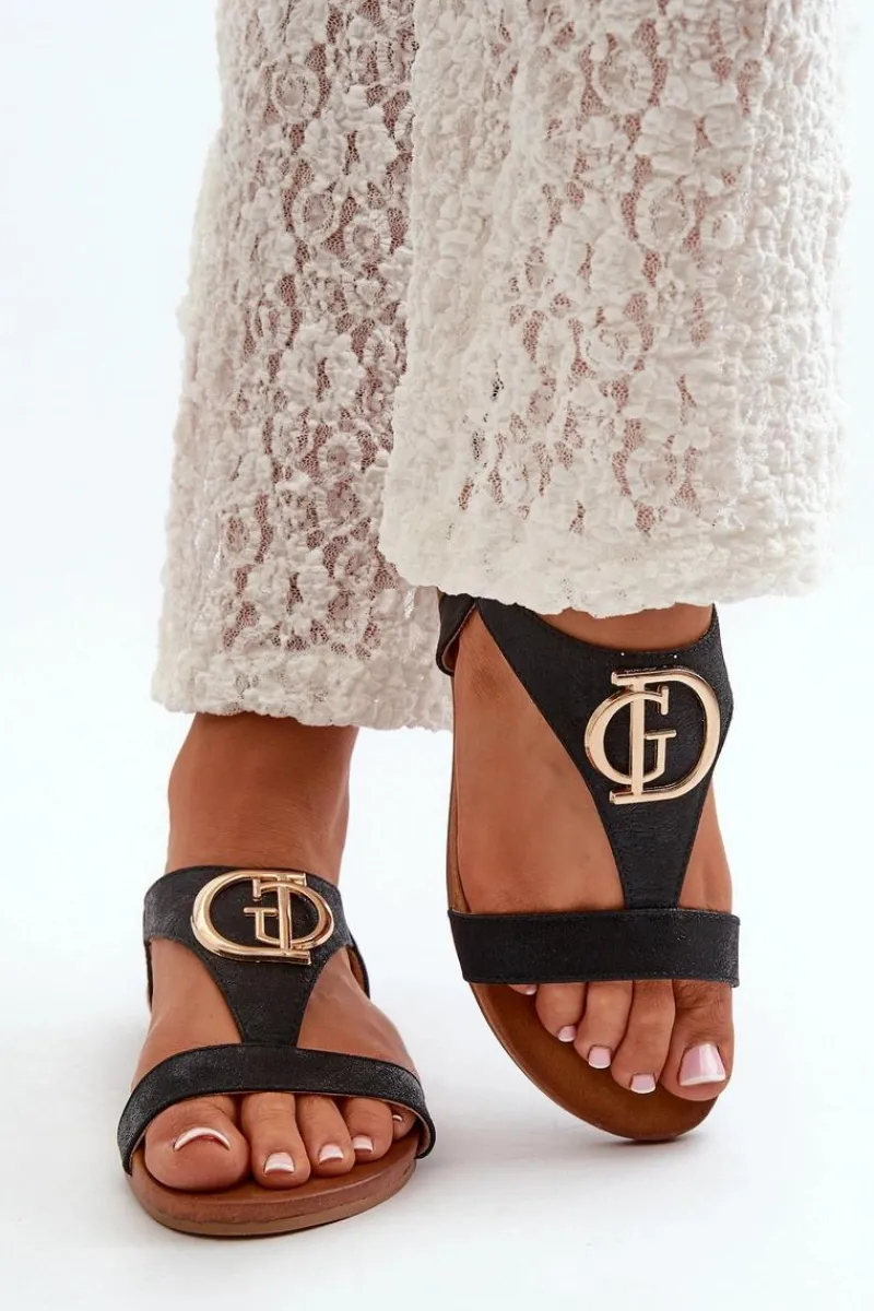 Hot Damskie buty S.Barski Płaskie Sandały Damskie Ze Złotą Ozdobą S.Barski KV27-051 Czarne