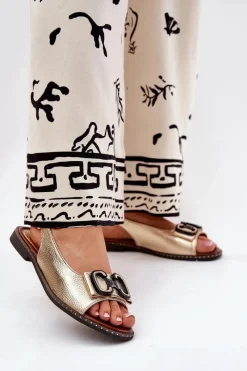 Sandały Płaskie>Boto Płaskie Sandały Z Ozdobą Eko Skórzane Złote Lilria Złoty