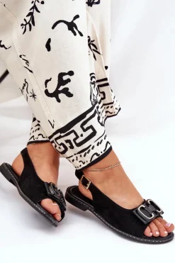 Outlet Boto Płaskie Sandały Z Ozdobą Eko Zamszowe Czarne Lilria Czarny