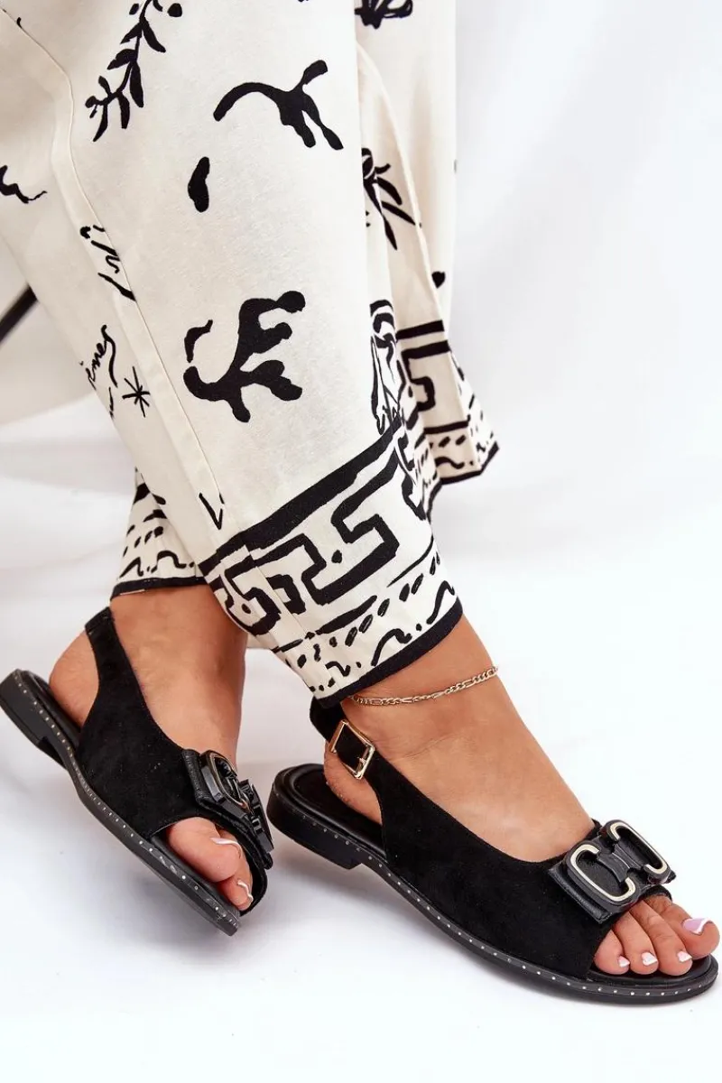 Outlet Boto Płaskie Sandały Z Ozdobą Eko Zamszowe Czarne Lilria Czarny