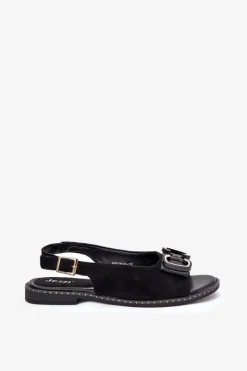 Outlet Boto Płaskie Sandały Z Ozdobą Eko Zamszowe Czarne Lilria Czarny