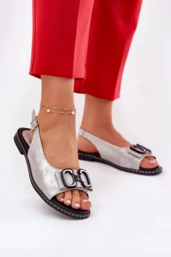 Clearance Boto Płaskie Sandały Z Ozdobą Eko Skórzane Srebrne Lilria Srebrny