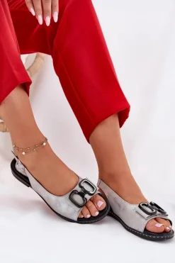 Clearance Boto Płaskie Sandały Z Ozdobą Eko Skórzane Srebrne Lilria Srebrny