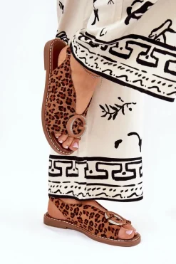 Sale Boto Płaskie Sandały Z Ozdobą Panterka Brązowe Haliones Brązowy