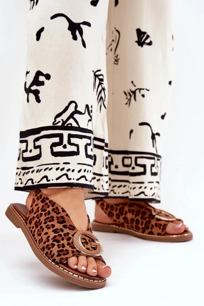 Sale Boto Płaskie Sandały Z Ozdobą Panterka Brązowe Haliones Brązowy