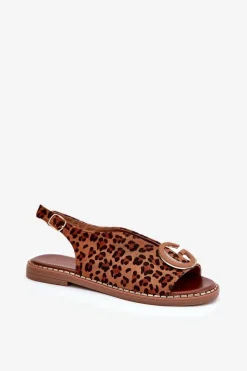 Sale Boto Płaskie Sandały Z Ozdobą Panterka Brązowe Haliones Brązowy