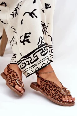 Sale Boto Płaskie Sandały Z Ozdobą Panterka Brązowe Haliones Brązowy