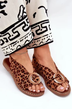Sale Boto Płaskie Sandały Z Ozdobą Panterka Brązowe Haliones Brązowy