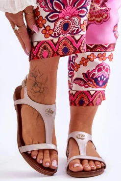 Sandały Płaskie>Damskie buty S.Barski Płaskie Sandały Z Ozdobą S.Barski KV-5541-45 Beżowe