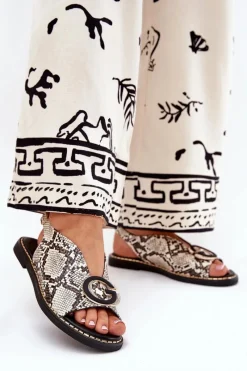 Clearance Płaskie Sandały Z Ozdobą Wężowy Wzór Beżowo-Brązowe Haliones Damskie Sandały Płaskie