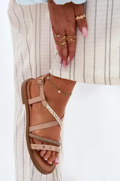 Outlet Buty damskie Vinceza Płaskie Sandały Z Ozdobnymi Paskami Vinceza 17379 Beżowy