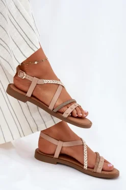 Outlet Buty damskie Vinceza Płaskie Sandały Z Ozdobnymi Paskami Vinceza 17379 Beżowy