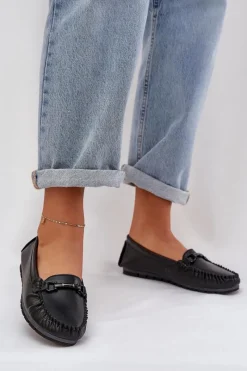 Loafersy Damskie|Mokasyny Damskie Skórzane>Damskie buty S.Barski Płaskie Skórzane Mokasyny Z Ozdobą S.Barski LR51-547 Czarne Czarny