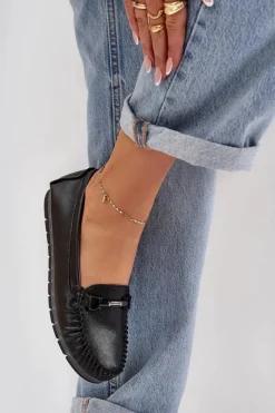Loafersy Damskie|Mokasyny Damskie Skórzane></noscript>Damskie buty S.Barski Płaskie Skórzane Mokasyny Z Ozdobą S.Barski LR51-547 Czarne Czarny