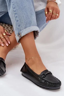 Loafersy Damskie|Mokasyny Damskie Skórzane></noscript>Damskie buty S.Barski Płaskie Skórzane Mokasyny Z Ozdobą S.Barski LR51-547 Czarne Czarny