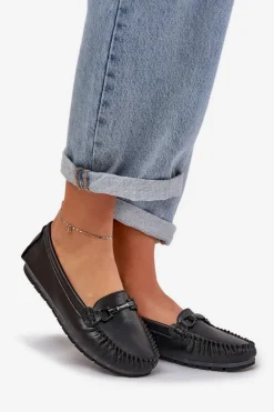 Loafersy Damskie|Mokasyny Damskie Skórzane></noscript>Damskie buty S.Barski Płaskie Skórzane Mokasyny Z Ozdobą S.Barski LR51-547 Czarne Czarny
