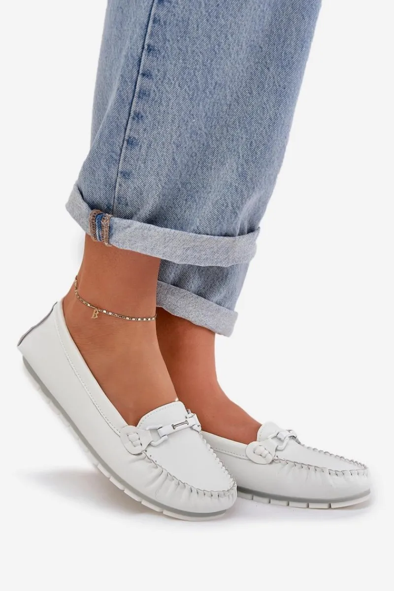 Discount Damskie buty S.Barski Płaskie Skórzane Mokasyny Z Ozdobą S.Barski LR51-547 Białe Biały