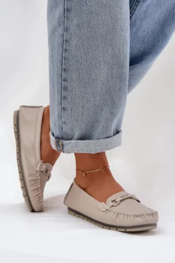 Płaskie Skórzane Mokasyny Z Ozdobą S.Barski LR51-547 Beżowe Damskie Loafersy Damskie|Mokasyny Damskie Skórzane