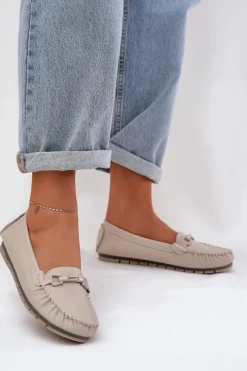 Płaskie Skórzane Mokasyny Z Ozdobą S.Barski LR51-547 Beżowe Damskie Loafersy Damskie|Mokasyny Damskie Skórzane