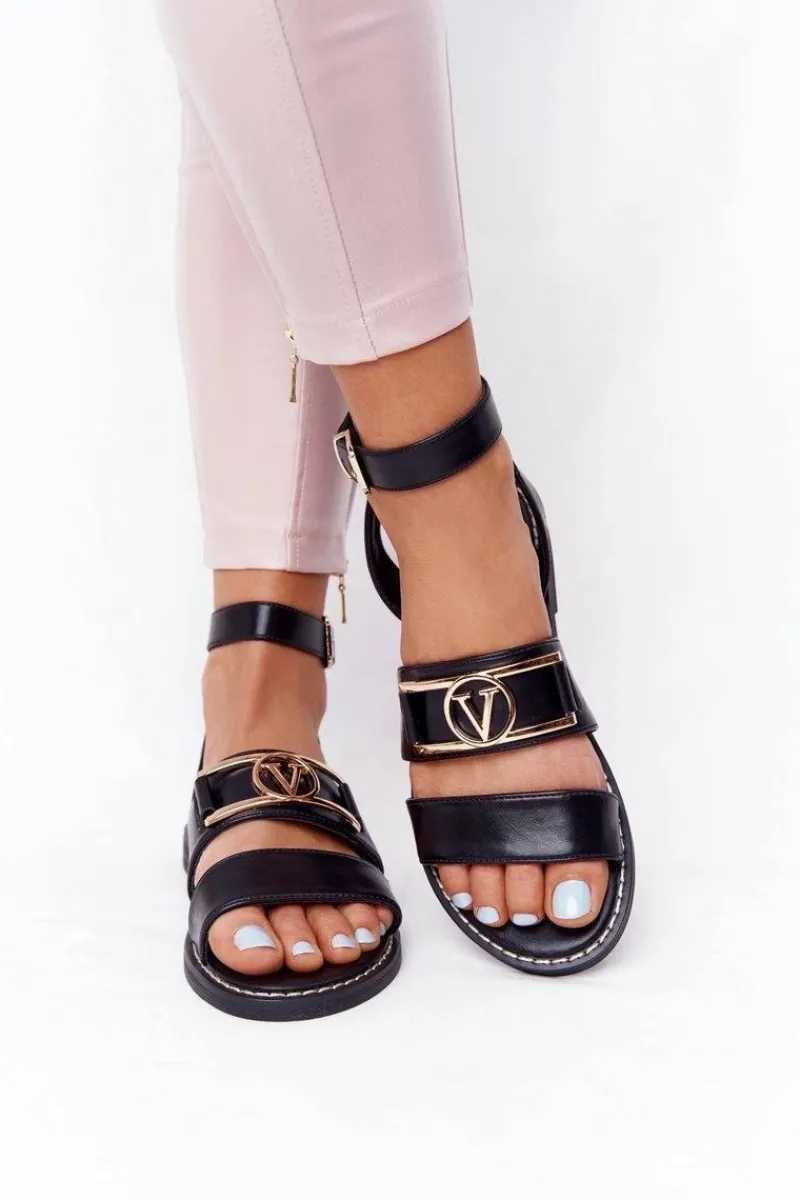 Boto Płaskie Skórzane Sandały Czarne On Time