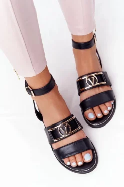 Boto Płaskie Skórzane Sandały Czarne On Time