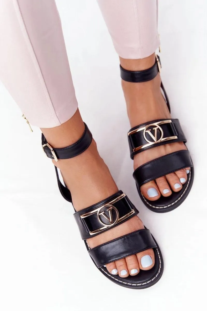 Boto Płaskie Skórzane Sandały Czarne On Time