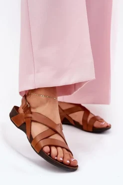 Clearance Zazoo Płaskie Skórzane Sandały Damskie 40032 Brązowe Brązowy