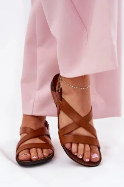 Clearance Zazoo Płaskie Skórzane Sandały Damskie 40032 Brązowe Brązowy