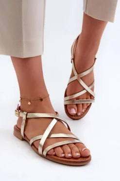 Best Maciejka Płaskie Skórzane Sandały Damskie 06635-25 Złote