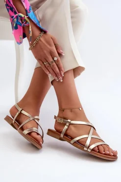 Best Maciejka Płaskie Skórzane Sandały Damskie 06635-25 Złote