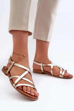 Best Maciejka Płaskie Skórzane Sandały Damskie 06635-25 Złote