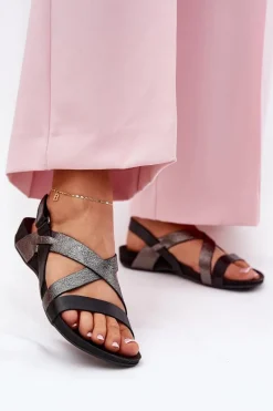 Sale Płaskie Skórzane Sandały Damskie 40032 Czarne Damskie Sandały Płaskie