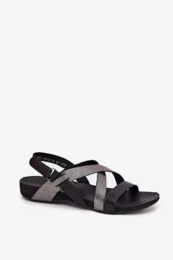 Sale Płaskie Skórzane Sandały Damskie 40032 Czarne Damskie Sandały Płaskie