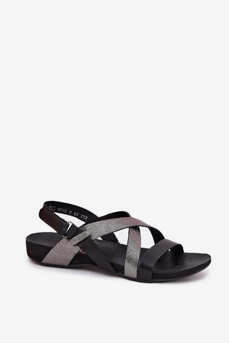 Sale Płaskie Skórzane Sandały Damskie 40032 Czarne Damskie Sandały Płaskie