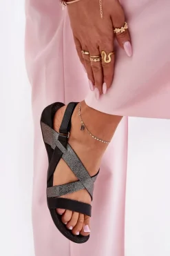 Sale Płaskie Skórzane Sandały Damskie 40032 Czarne Damskie Sandały Płaskie