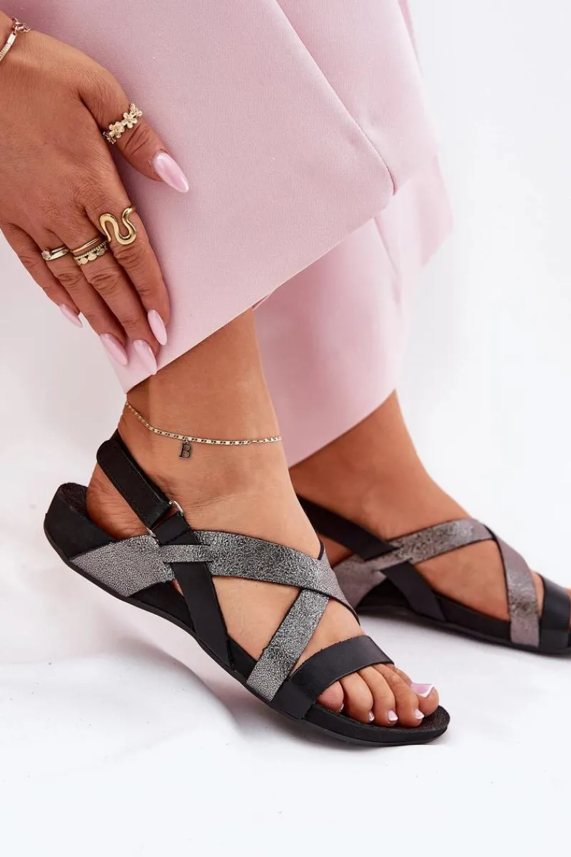 Sale Płaskie Skórzane Sandały Damskie 40032 Czarne Damskie Sandały Płaskie