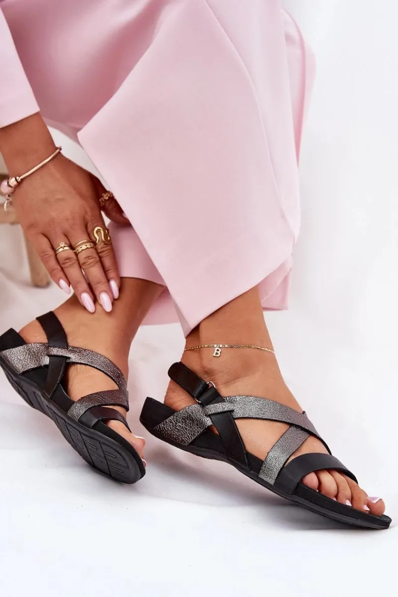 Sale Płaskie Skórzane Sandały Damskie 40032 Czarne Damskie Sandały Płaskie